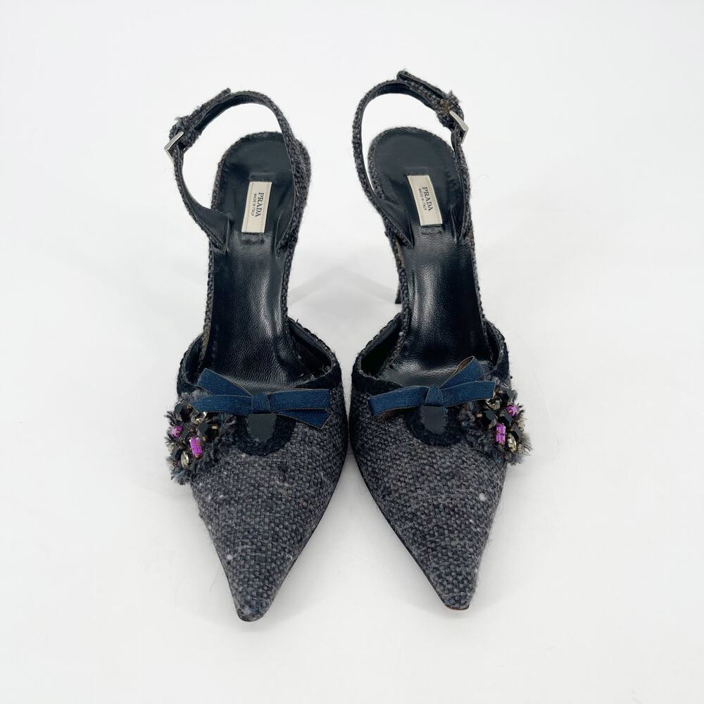 Vintage Prada Gray Tweed Crystal Bow Detail Slingback Pointed Toe Heels IT 38.5 - Picture 5 of 11
